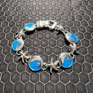 Star Fish and Wave Bracelet Blue and Silver Made of Sterling Silver